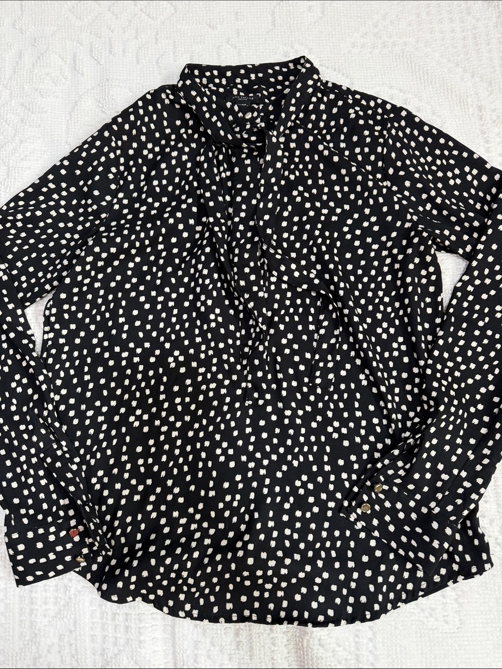 Ann Taylor Black Blouse with White Dot Print and Tie Neck